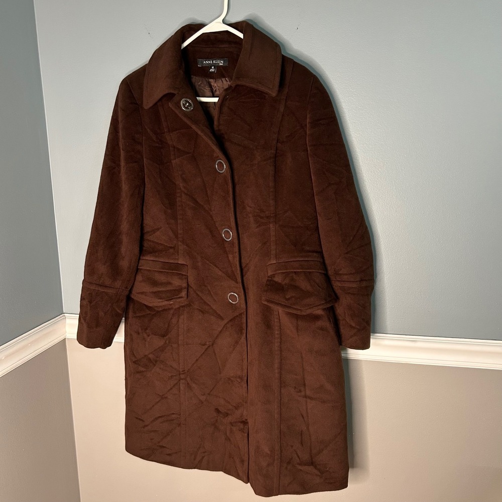 Anne Klein Womens Chocolate Brown Faux Suede Longline Button Front Coat Size 10